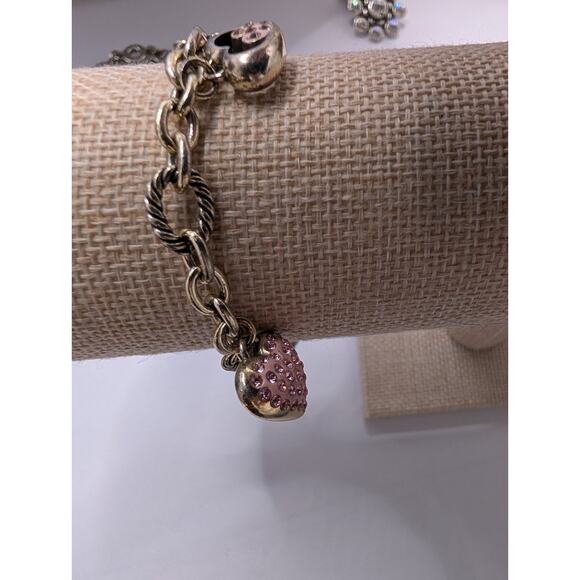 Brighton Heart Charm Bracelet 7.5in Pink Crystal Silver Tone Chain Adjustable - Picture 4 of 6